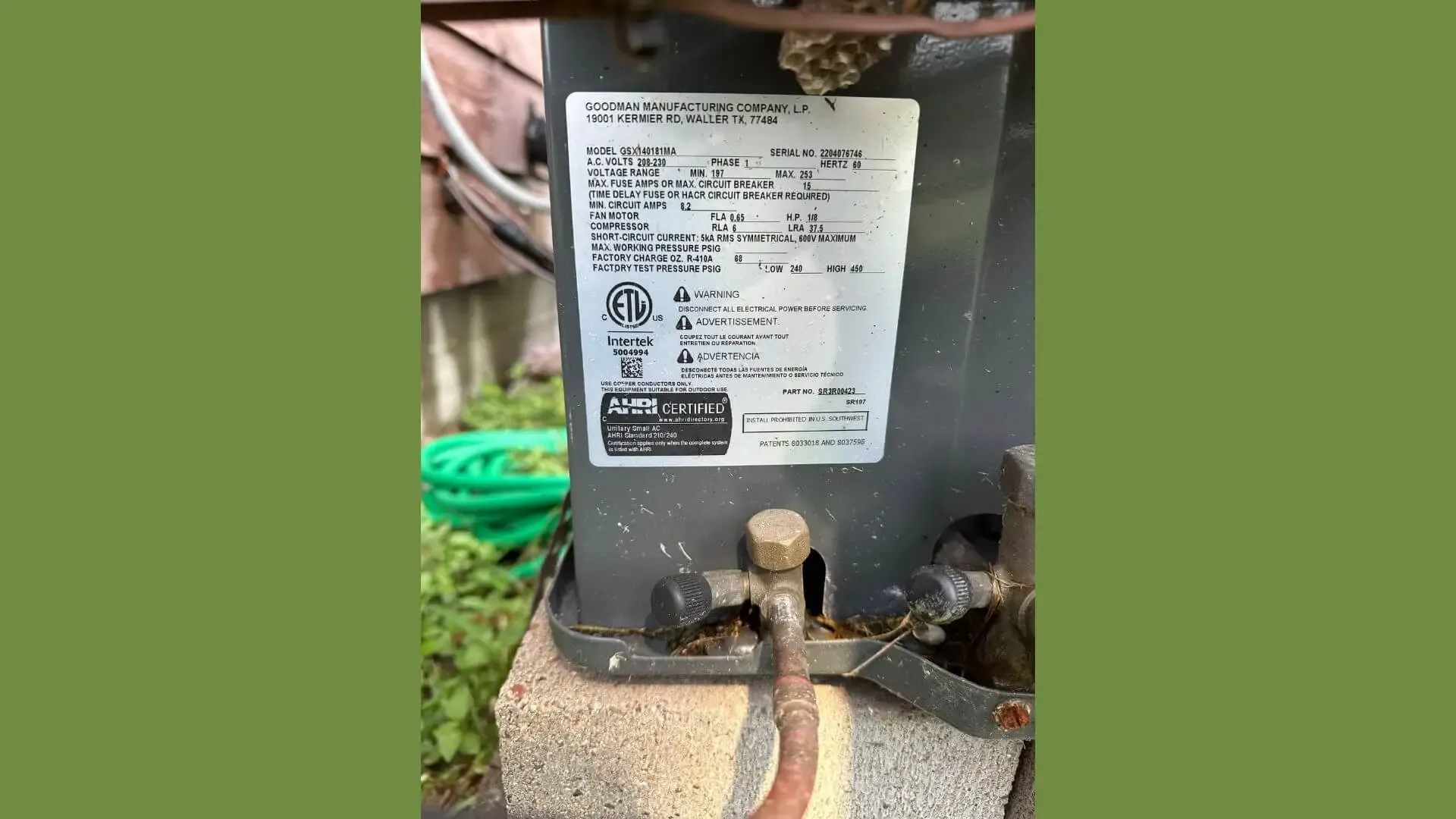 Serial Tag of a Goodman Condenser before Inspection